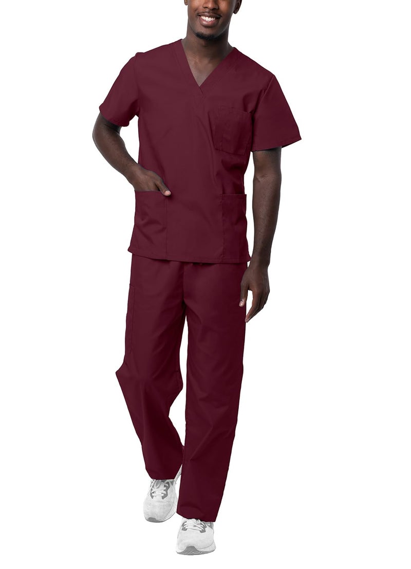 Sivvan Durable Unisex Scrubs Set - Classic V-Neck Scrub Top & Drawstring Scrub Pants For Men & Women, 5 Pockets - S8400 - Burgundy - M - Image 1